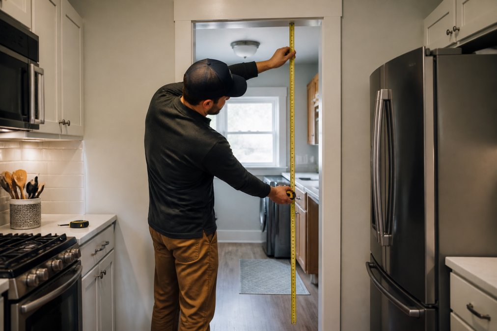 Homeowner measuring doorway clearance with a tape measure, checking space for a refrigerator or washing machine delivery in a bright kitchen with natural light