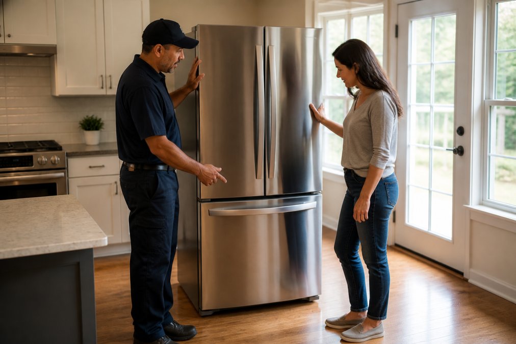 Delivery technician and homeowner inspecting a new refrigerator together, checking for damage and verifying the model, with natural light from kitchen windows