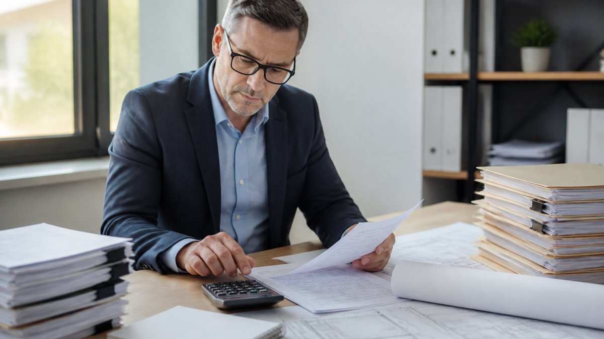 Professional reviewing loan documents and financial statements at organized desk with calculator, file folders, and property blueprints in natural office lighting