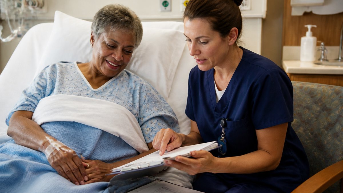 Patient in hospital bed reviewing discharge paperwork with healthcare provider, medical charts and clipboard visible, natural hospital room lighting