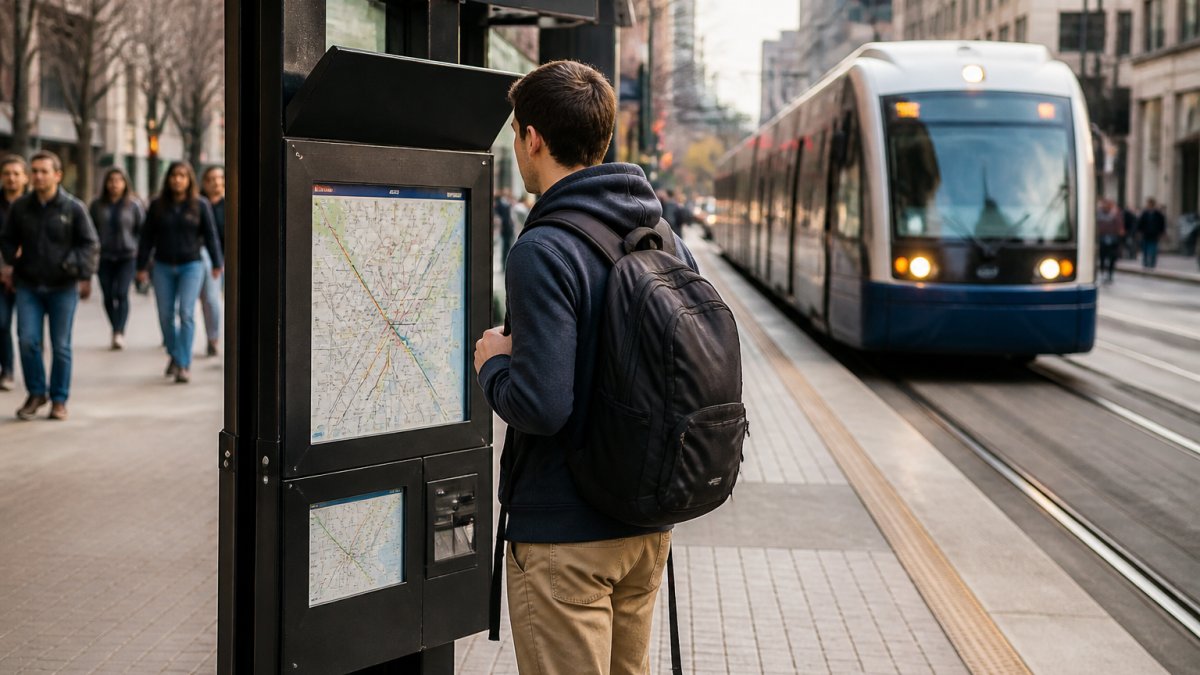Traveler with a backpack checking a digital transit map at a light rail station without renting a car.