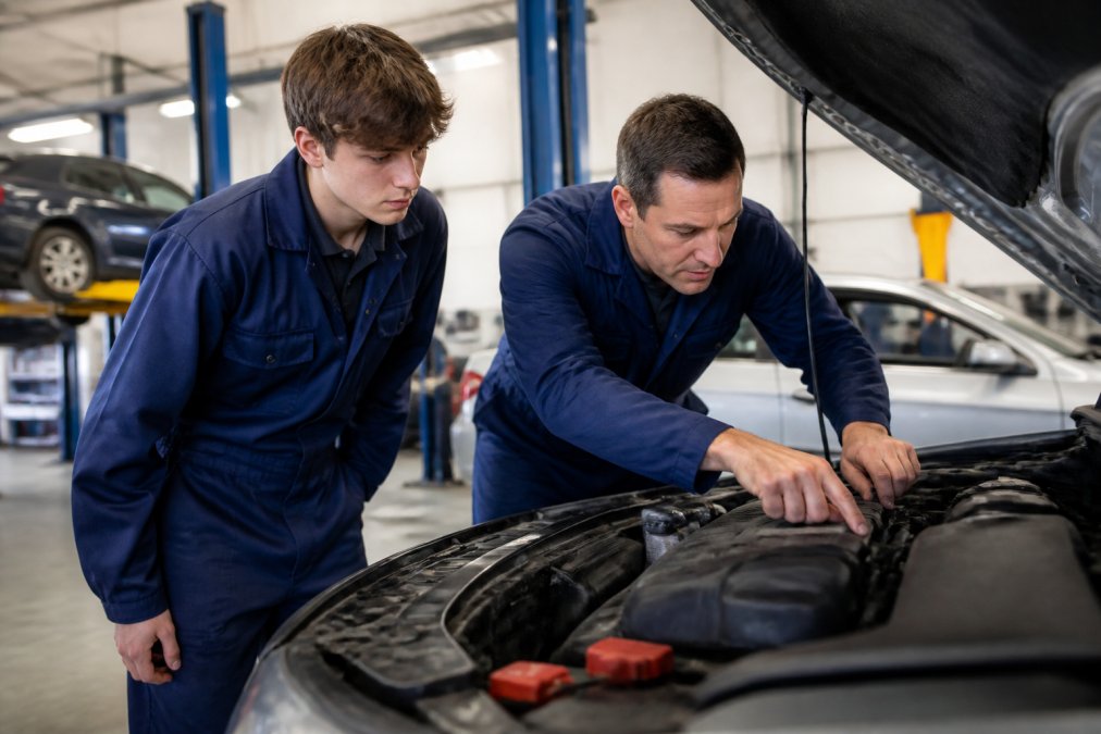 A young apprentice in work overalls observing a qualified mechanic inspecting a car engine in a bright, clean automotive workshop