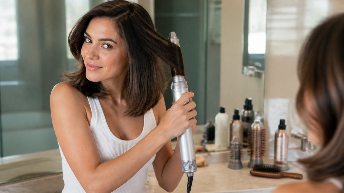 Woman using a multi-functional air styler to curl her shoulder-length hair in a bright bathroom setting