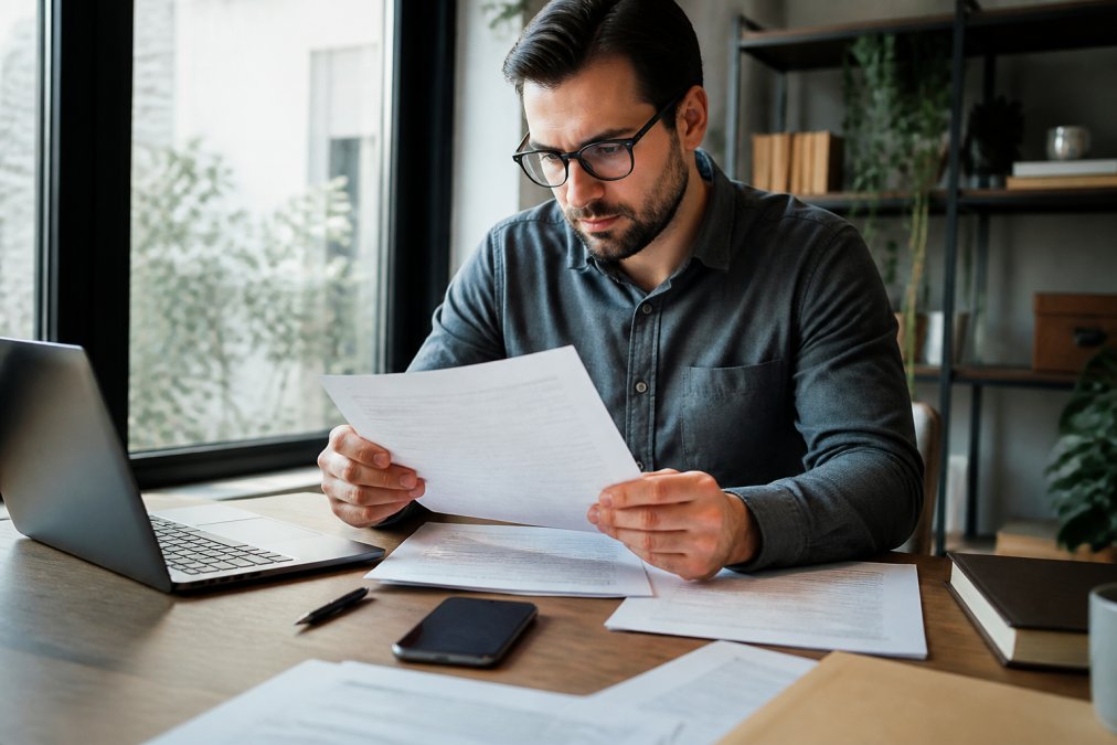 Real estate investor sitting at desk reviewing property documents, signed contracts, and financial statements with laptop and phone nearby in natural office lighting