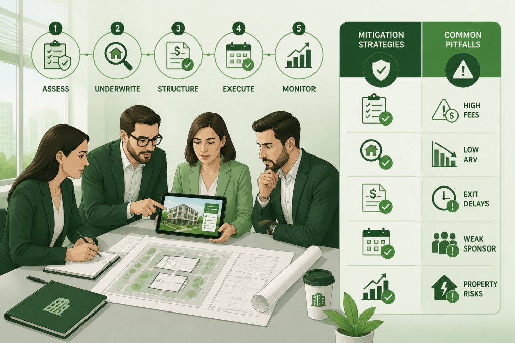 Professional team collaborating at conference table, reviewing property details on tablet and blueprints with architectural plans, discussing strategy in modern office with natural window lighting