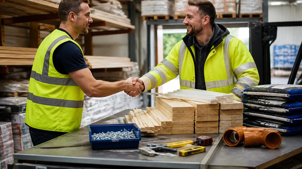 A trade supplier and a contractor shaking hands across a counter stacked with building materials, both wearing high-vis workwear, in a warehouse setting