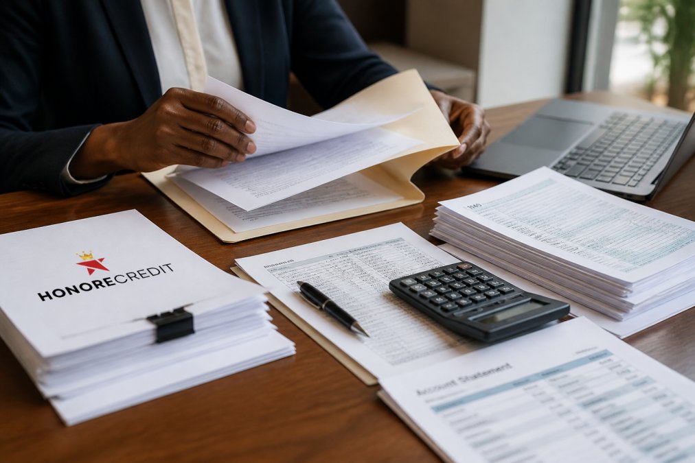 Business owner organizing financial documents including tax returns, bank statements, and profit and loss statements on a desk with a calculator and laptop displaying financial data