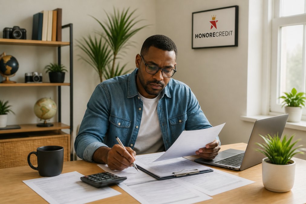 Entrepreneur completing an online business loan application on a desktop computer in a home office, surrounded by organized financial documents and a calculator, with natural window lighting