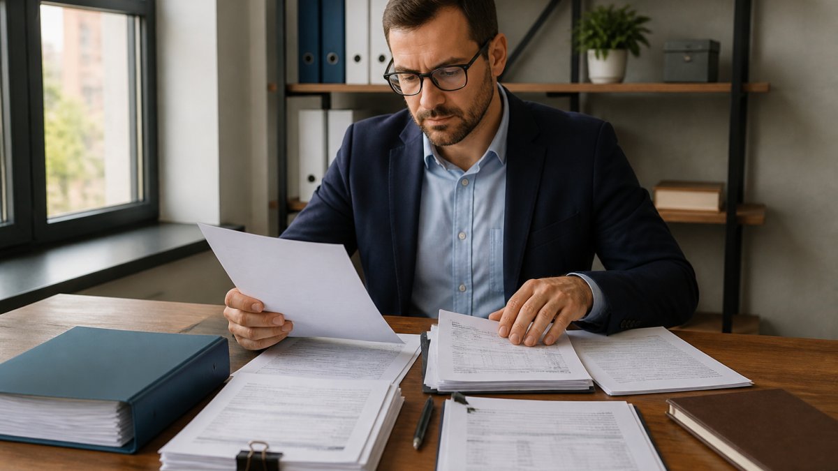Business owner sitting at desk organizing insurance documents and checklist, laptop open with application forms, natural office lighting