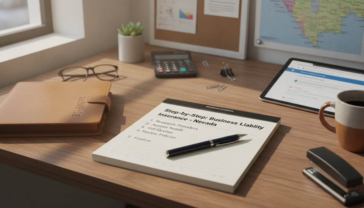 Small business owner reviewing insurance documents and policy quotes on a laptop at a wooden desk with a notepad, pen, and coffee cup nearby, warm natural office lighting