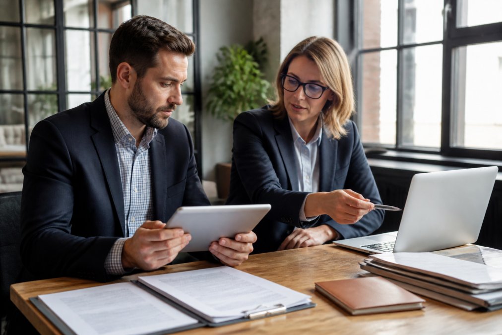 A business owner reviewing loan documents on a tablet while a financial advisor points to details on a laptop screen in a modern office with natural lighting