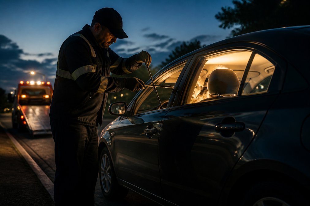A professional tow truck operator using a lockout kit to safely open a car door on a Tulsa street at dusk, with the vehicle's interior light glowing