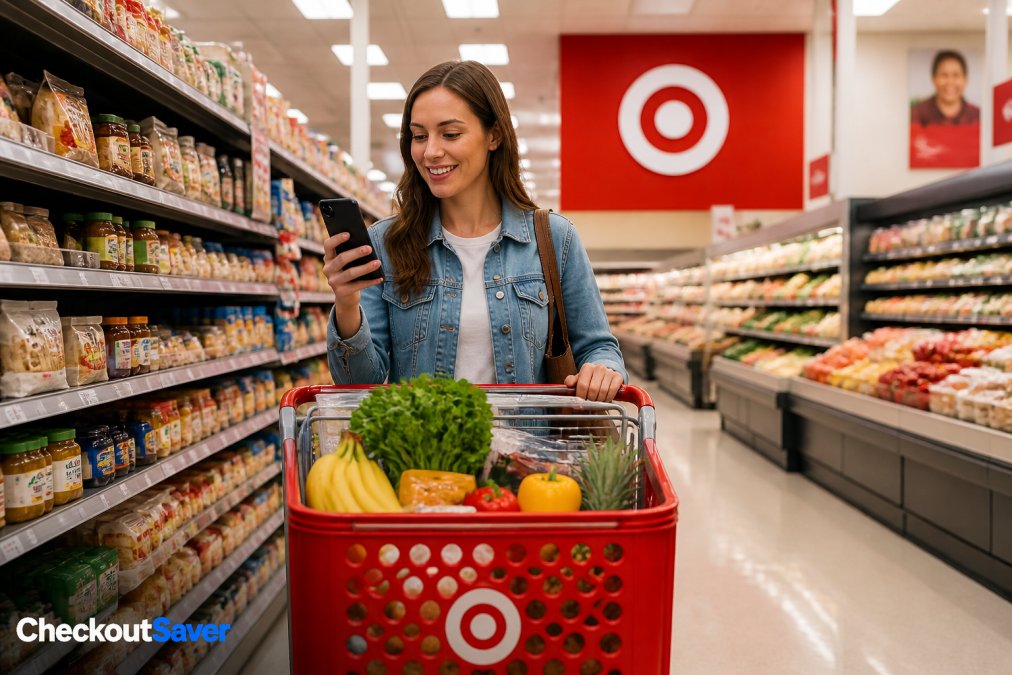 A shopper in a bright, modern Target grocery aisle holding a smartphone while pushing a shopping cart filled with fresh produce and pantry items, with natural overhead lighting