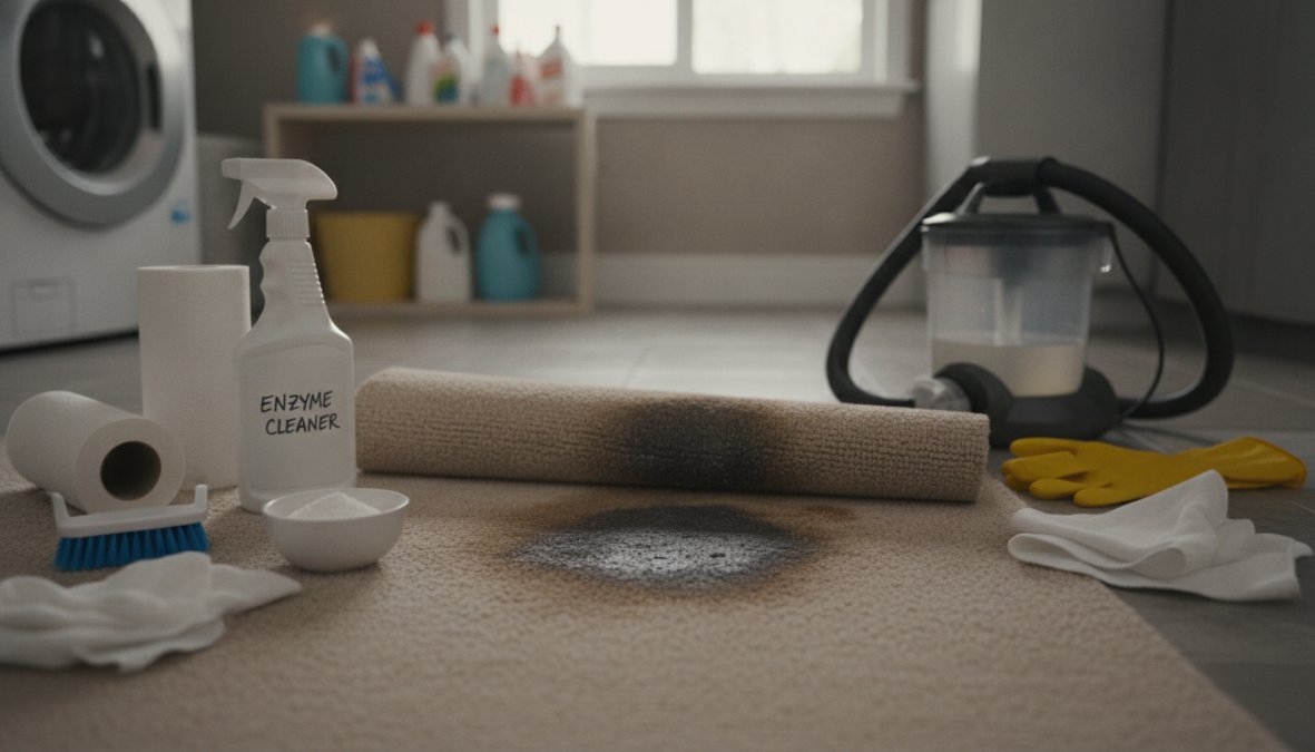 Close-up of a person pressing a clean white absorbent cloth firmly onto a wet carpet stain with both hands, a spray bottle and an open box of baking soda visible on the floor nearby, warm indoor lighting