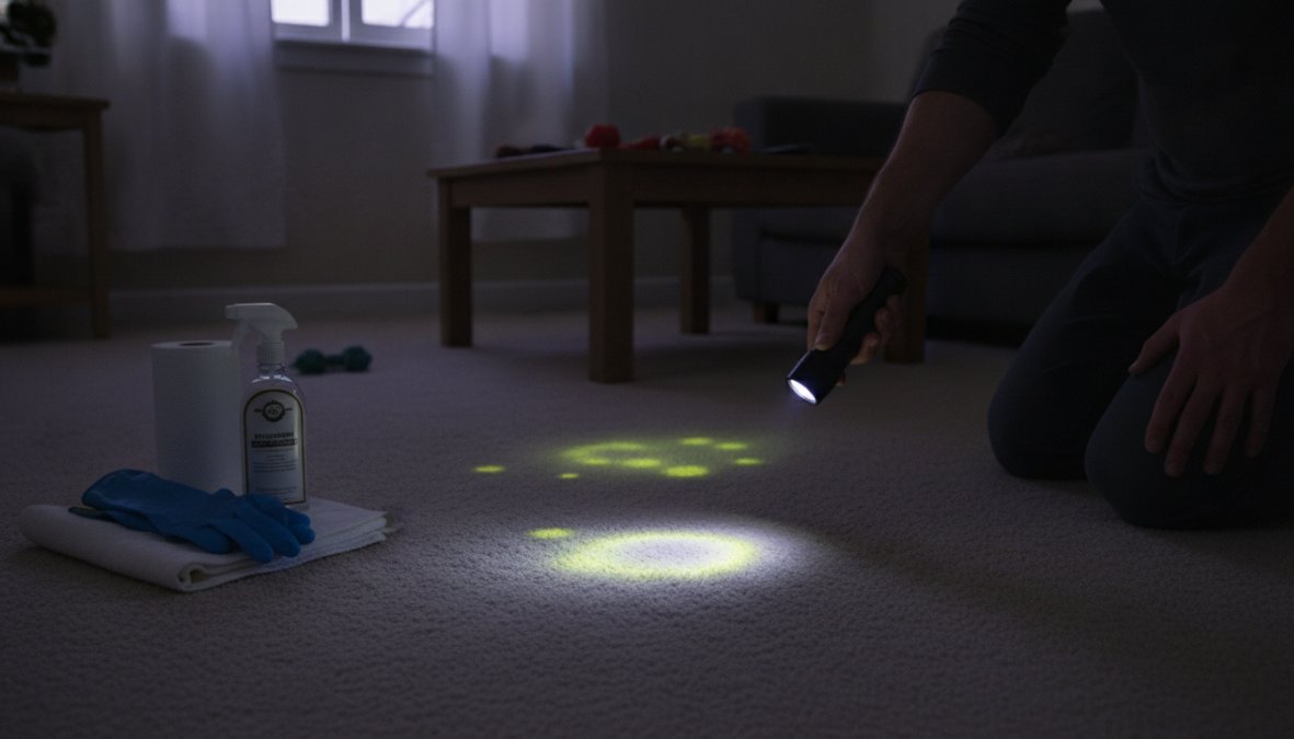 A person holding a UV blacklight flashlight in a darkened room, scanning a light-colored carpet that shows glowing yellow-green irregular spots indicating dried urine stains, dim ambient light from a partially closed door