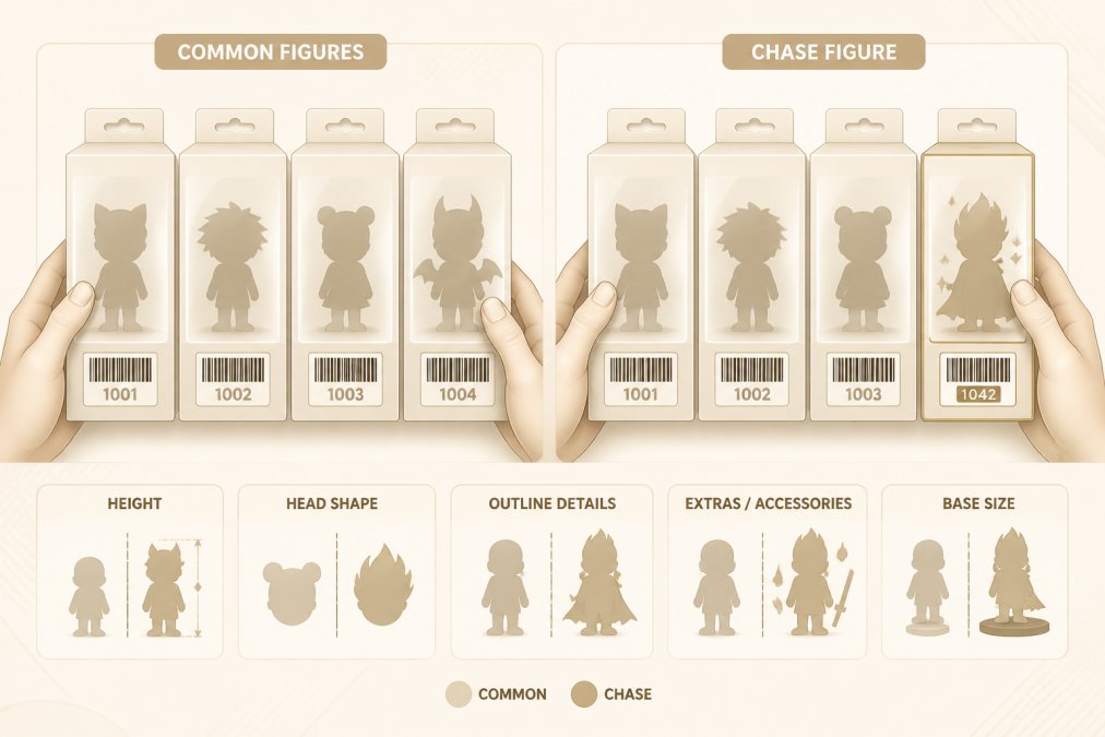 Hands holding several blind box packs side-by-side, showing silhouettes visible through translucent packaging with barcode labels visible on the bottom