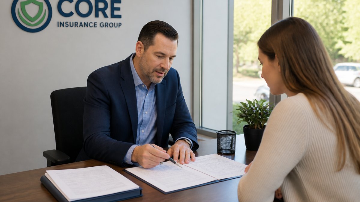 Professional agent reviewing Oregon auto insurance policy documents with client at desk, natural office lighting