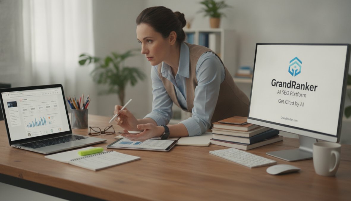 Marketer analyzing content performance metrics on a laptop, reviewing citation data and traffic analytics from AI assistants with charts and graphs visible on screen