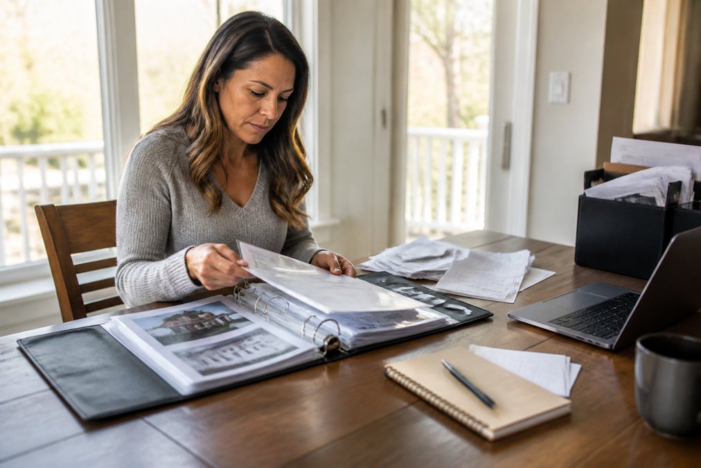 Homeowner organizing insurance claim documents, receipts, and photos in a folder on a desk with a laptop and notebook, natural office lighting streaming through windows