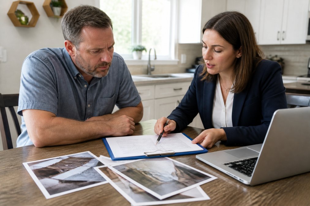 Professional insurance adjuster and homeowner reviewing claim documents together at a kitchen table, with damage photos and a laptop visible, natural daylight