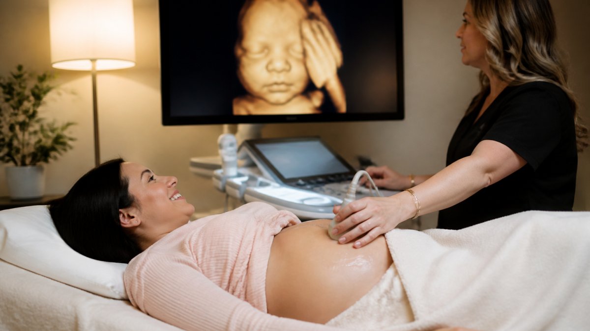 An expectant mother lying comfortably on a spa-like bed with a sonographer gently moving an ultrasound probe over her belly, warm ambient lighting, soft blankets, and a screen showing a 3D baby image in the background