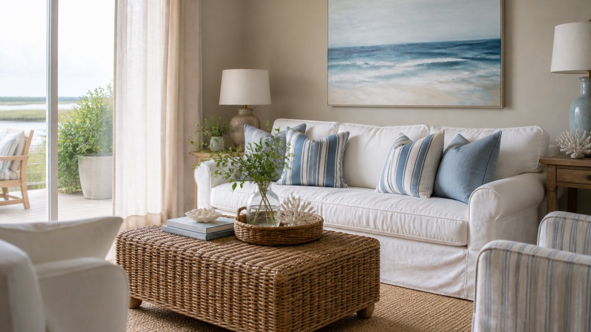 Infographic showing budget-friendly steps to style a coastal living room with white furniture and natural textures.