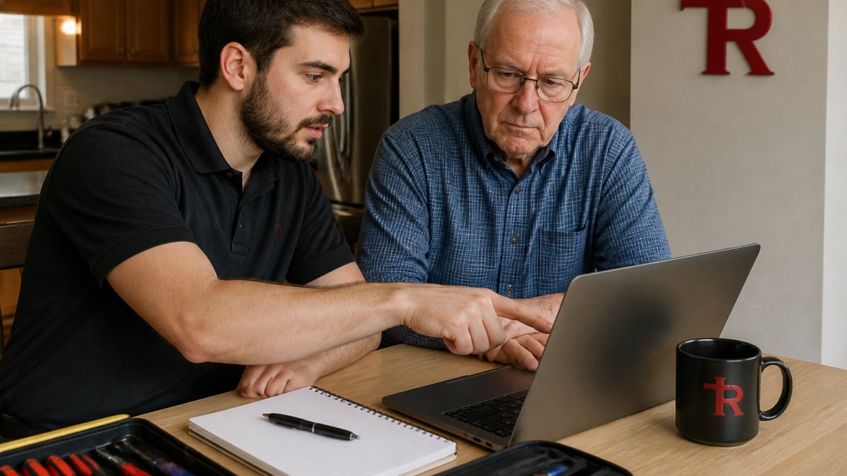 A patient technician sitting at a kitchen table with an older homeowner, pointing at a laptop screen and explaining diagnostic results in plain language, with a notebook and coffee mug nearby