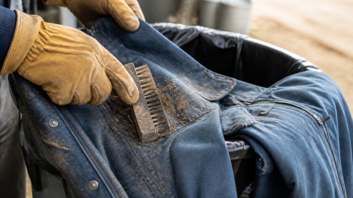 Close-up of work gloves and a stiff brush removing dried manure from the outside of a soiled denim work jacket over a trash bin