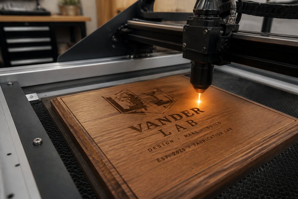 Close-up of a laser engraving machine cutting precise text and a logo into a wooden award plaque, with fine engraving detail visible under a focused beam in a home fabrication workshop