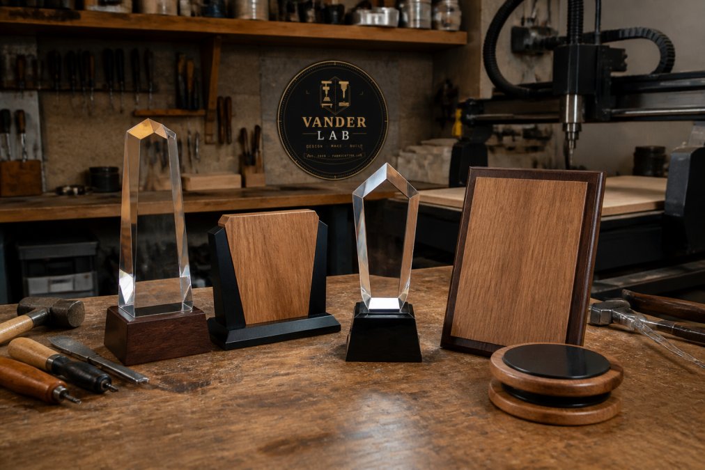 A small collection of hand-finished custom engraved trophies and wooden plaques arranged neatly on a wooden workbench in a home fabrication workshop, with engraving tools and a CNC machine visible in the warm background lighting