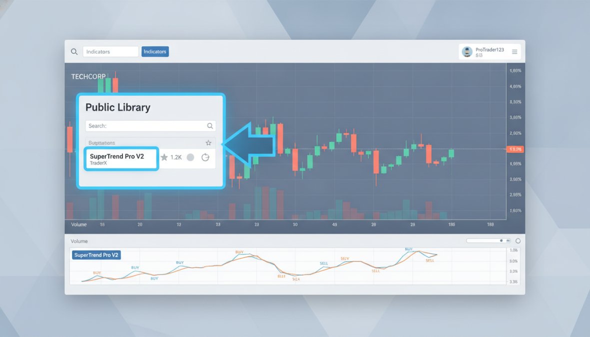 A trader's dual-monitor desktop setup showing the TradingView web platform with the public script library panel open on one screen, a hand hovering over the mouse as a custom indicator is selected, warm desk lamp lighting in a home office environment