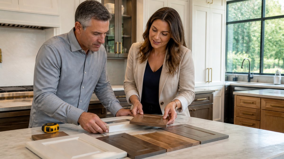 Homeowner and designer reviewing custom kitchen cabinetry samples on an island
