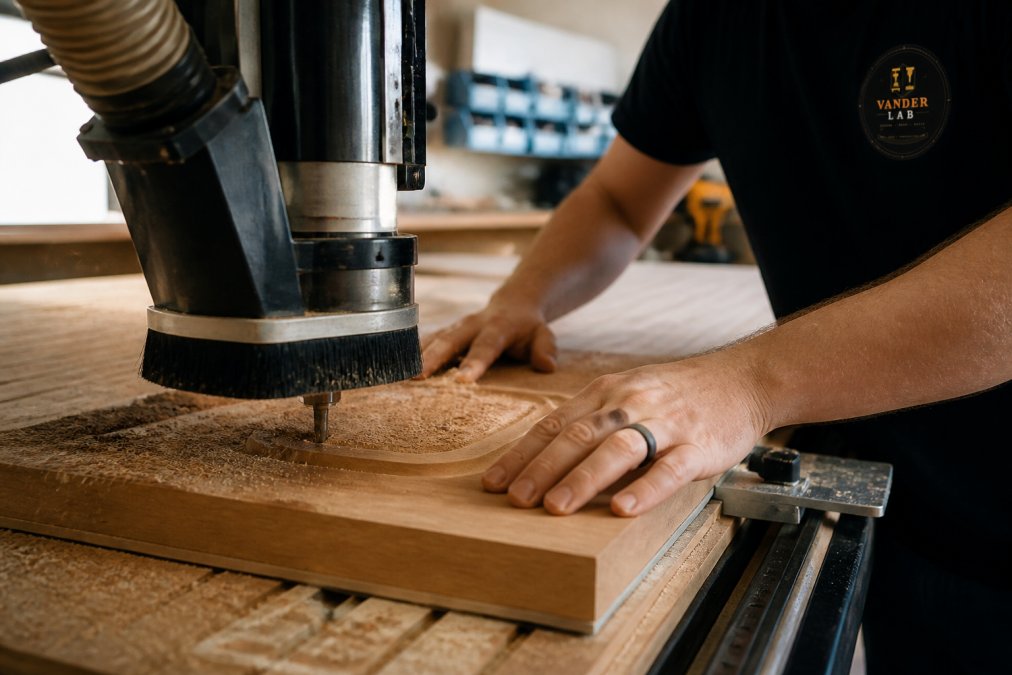 Close-up of a CNC router carving a piece of wood in a home workshop, with fine sawdust visible and a focused craftsman's hands guiding the process