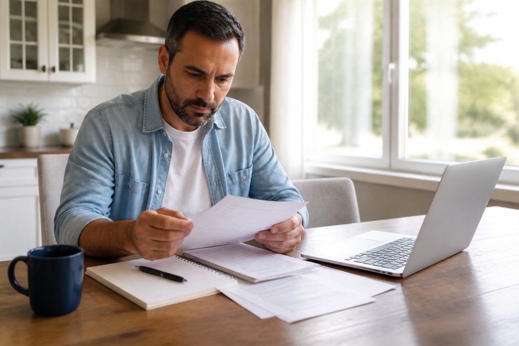 A homeowner sitting at a kitchen table with a laptop, reviewing insurance documents and a notepad with a pen, with a bright window in the background