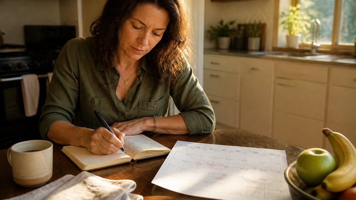 A woman tracking her menstrual cycle and symptoms in a notebook as part of how to get diagnosed with perimenopause