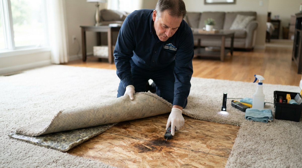 Professional demonstrating how to get dog pee out of carpet subfloor technique in modern clinical setting with natural lighting