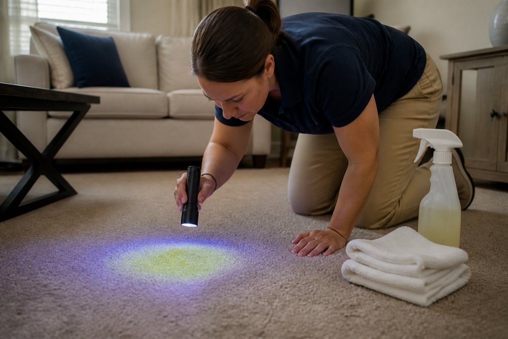 Homeowner using a blacklight to find dog urine smell stains on carpet with cleaning supplies nearby
