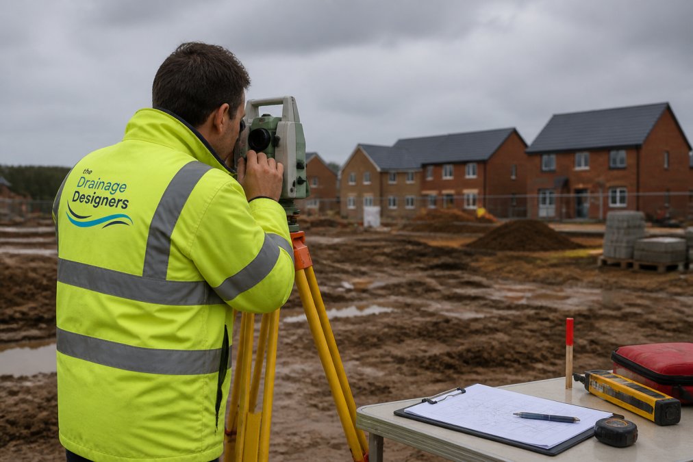 A drainage engineer in high-visibility clothing using a theodolite on a residential building site, survey equipment and clipboard visible, overcast British weather