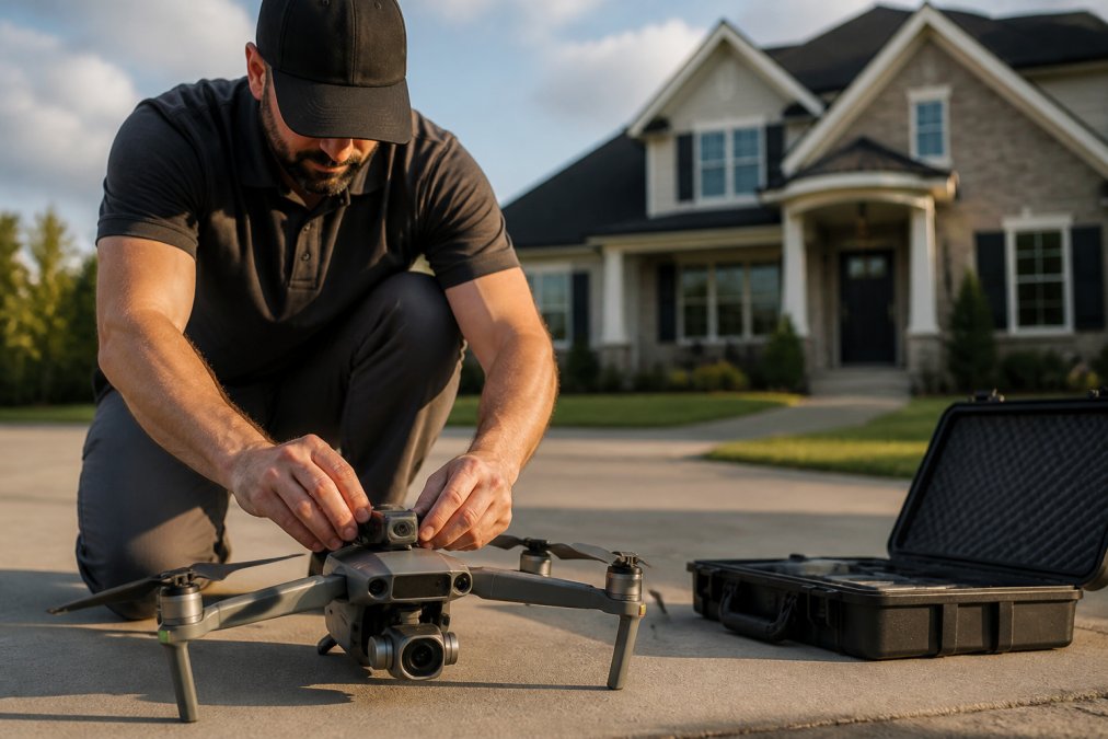 Professional drone pilot conducting pre-flight inspection of aircraft on residential property, checking gimbal and camera equipment before takeoff, with suburban home visible in background during golden hour lighting