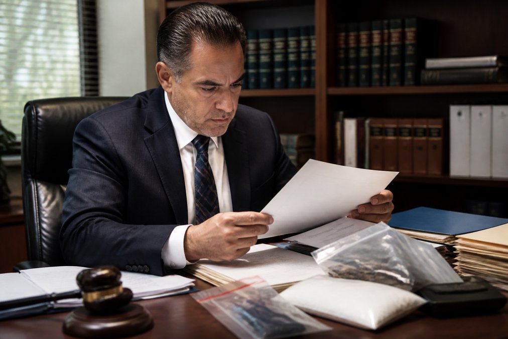 Criminal defense attorney reviewing case documents and evidence files at a desk with legal briefs and a gavel visible, focused expression while preparing motions