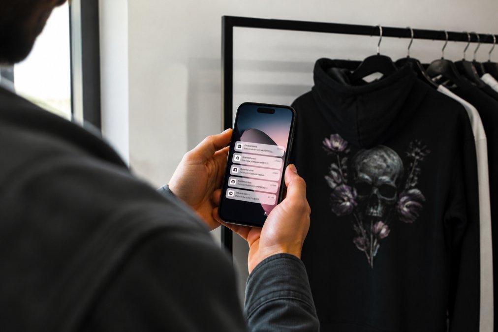 Close-up of a person's hands holding a smartphone with app notification alerts visible on the screen, streetwear hoodie visible in the background on a clothing rack