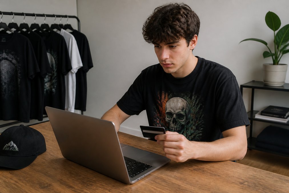 A young adult sitting at a desk with a laptop open to a clothing checkout page, credit card in hand, focused expression, minimal modern room setting