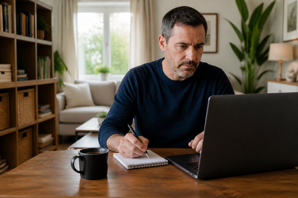 A man in his 40s sitting at a home desk in a bright room, looking at a laptop screen during a telehealth consultation, with a notepad and coffee nearby