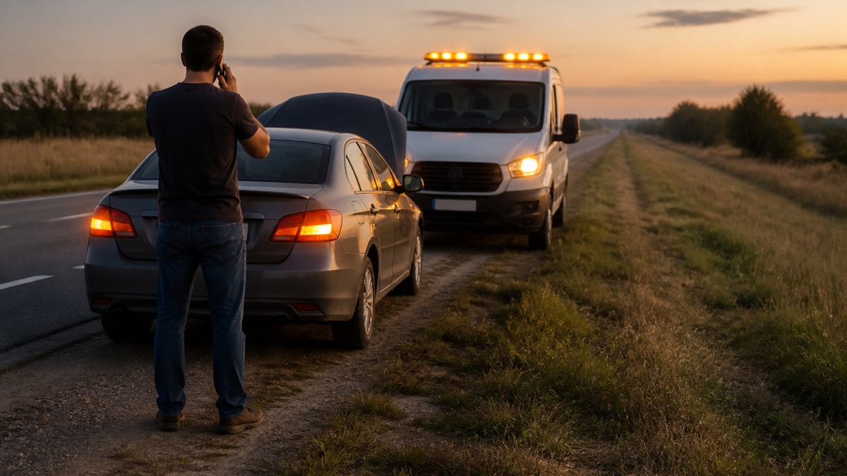 Driver waiting by a sedan with hazard lights as a mobile roadside assistance van arrives at dusk