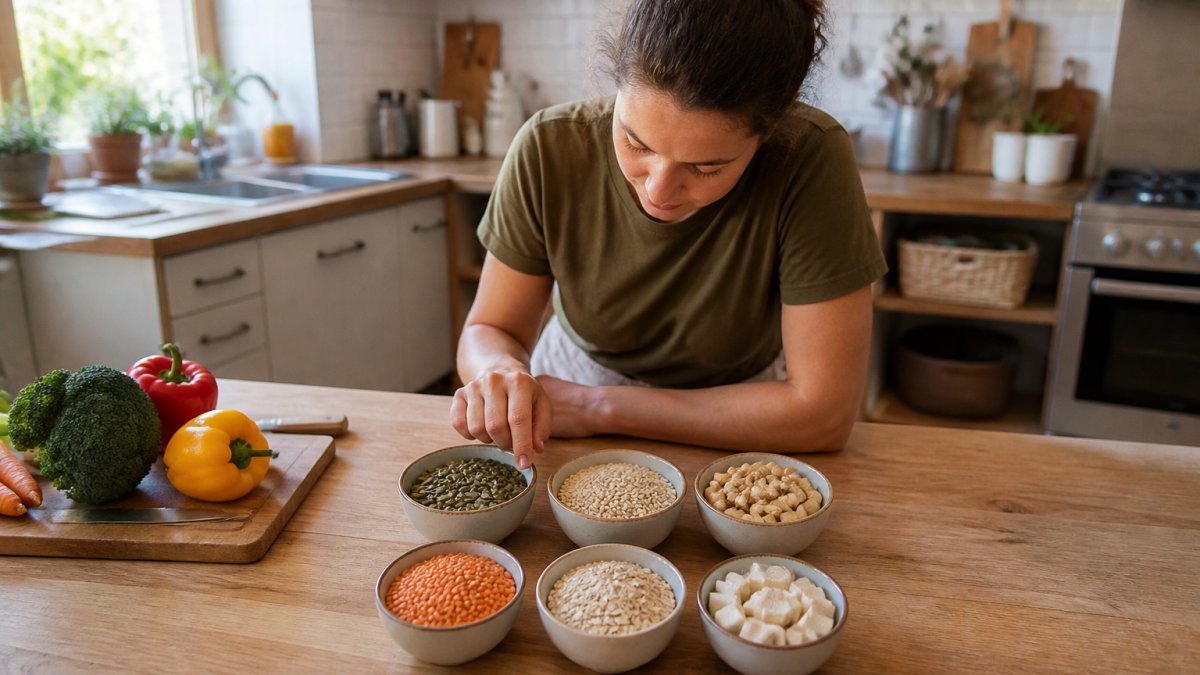 Overhead shot of small bowls filled with pumpkin seeds, sesame seeds, cashews, lentils, oats, and cubed tofu arranged on a light wooden kitchen counter