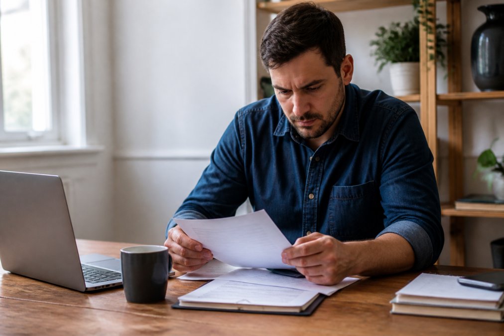 A business owner in a work shirt reviewing financing paperwork at a clean desk with a laptop and a cup of coffee, natural window light