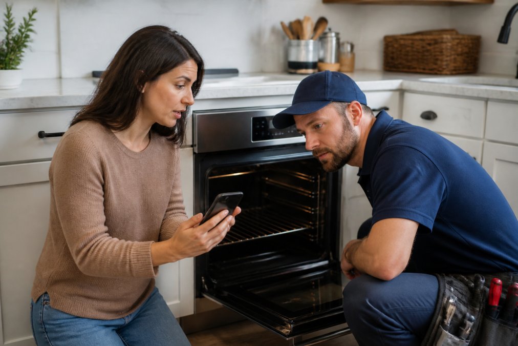 A homeowner showing a smartphone with a diagnostic app to a professional repair technician in a modern kitchen, both looking at the appliance