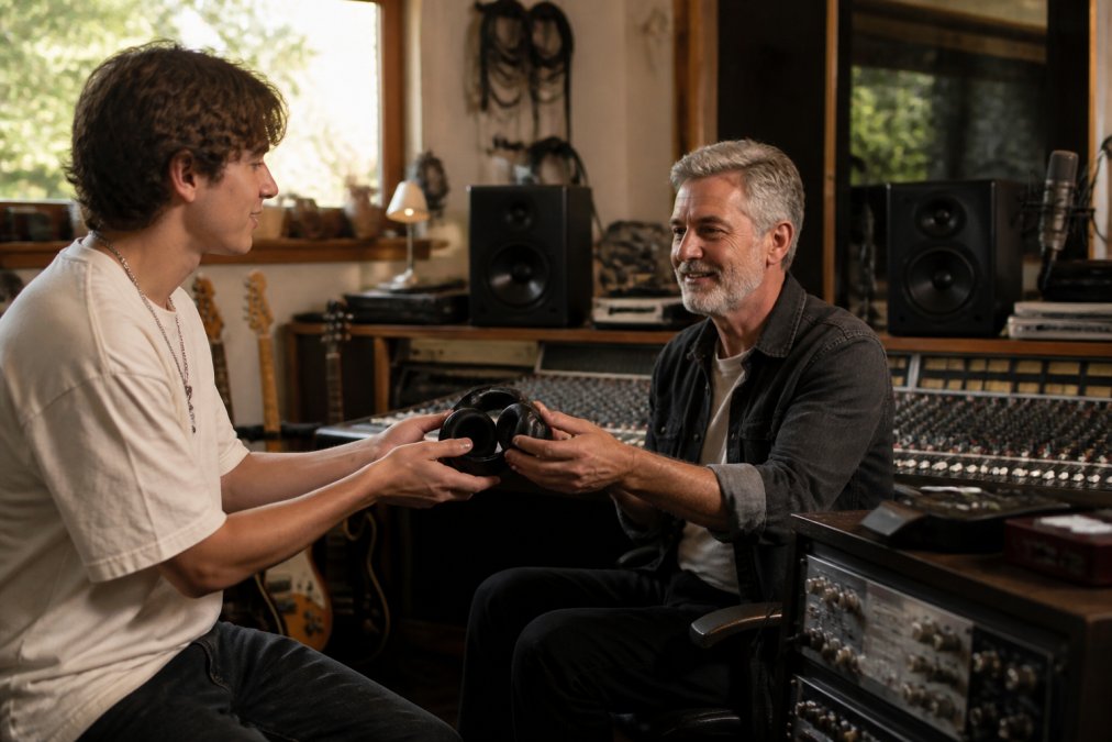 A young musician in a casual recording studio in Australia handing a pair of headphones to an older, experienced sound engineer for a listening session, warm natural light through a window