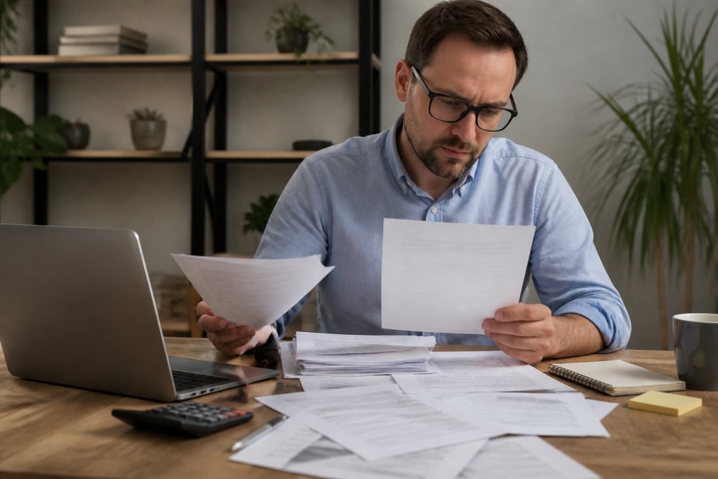 Business owner at desk organizing financial documents, tax returns, and bank statements with a laptop open showing funding application form