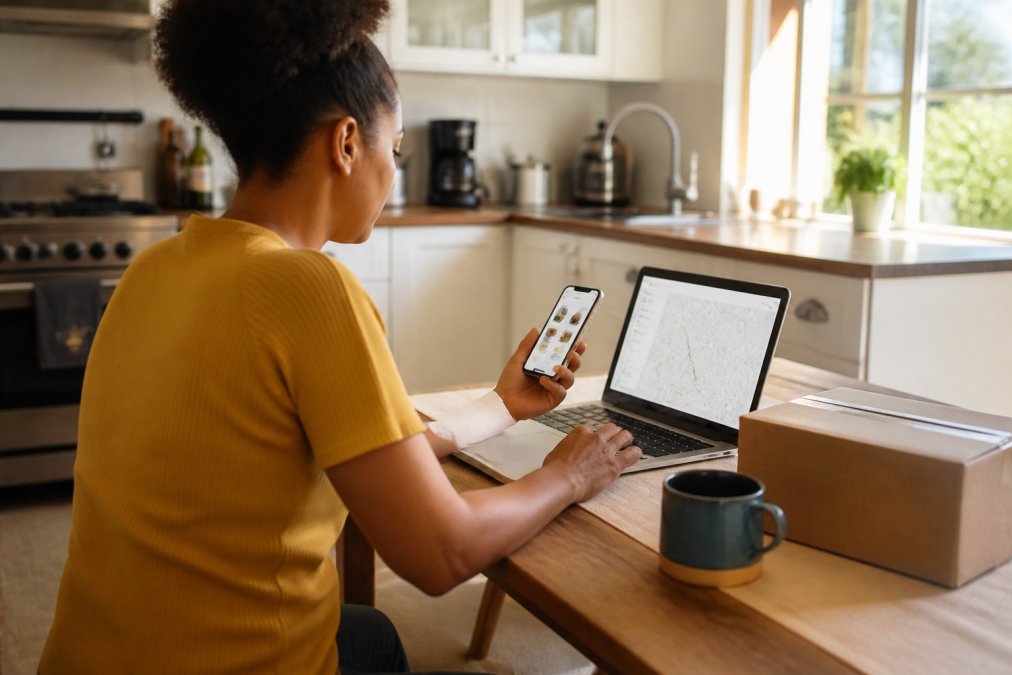 A person sitting at a kitchen table using a smartphone to place an online order for household essentials, with a laptop open to a delivery tracking page beside a cardboard package on the counter, warm afternoon light through the window